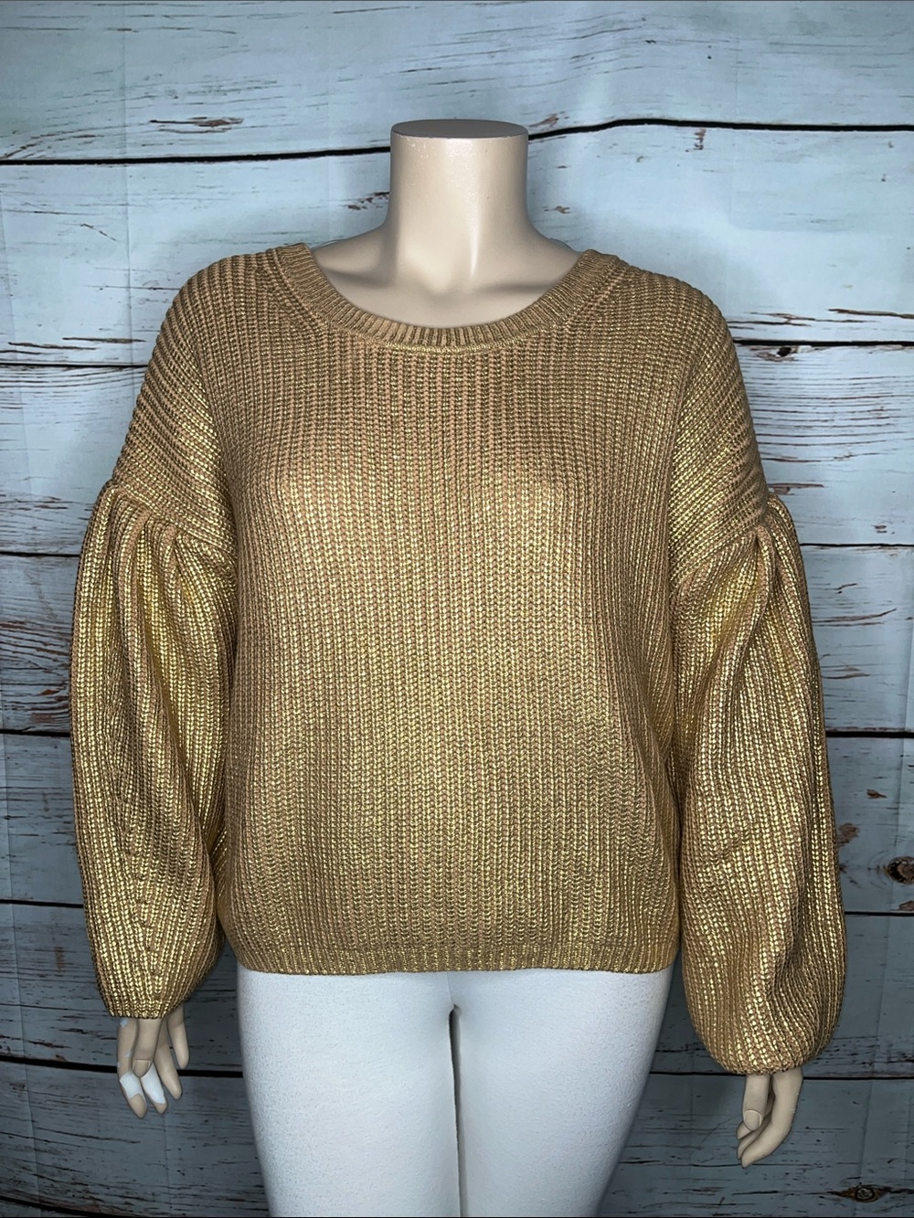 Kika Vargas NWT Size 1X Tan - Metallic Gold Open Back Tie Closure Sweater Top